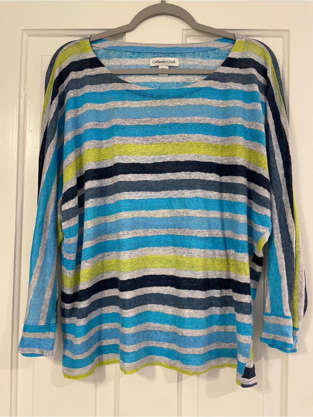 Coldwater Creek Blue, Lime & Navy Striped Lightweight Linen Top